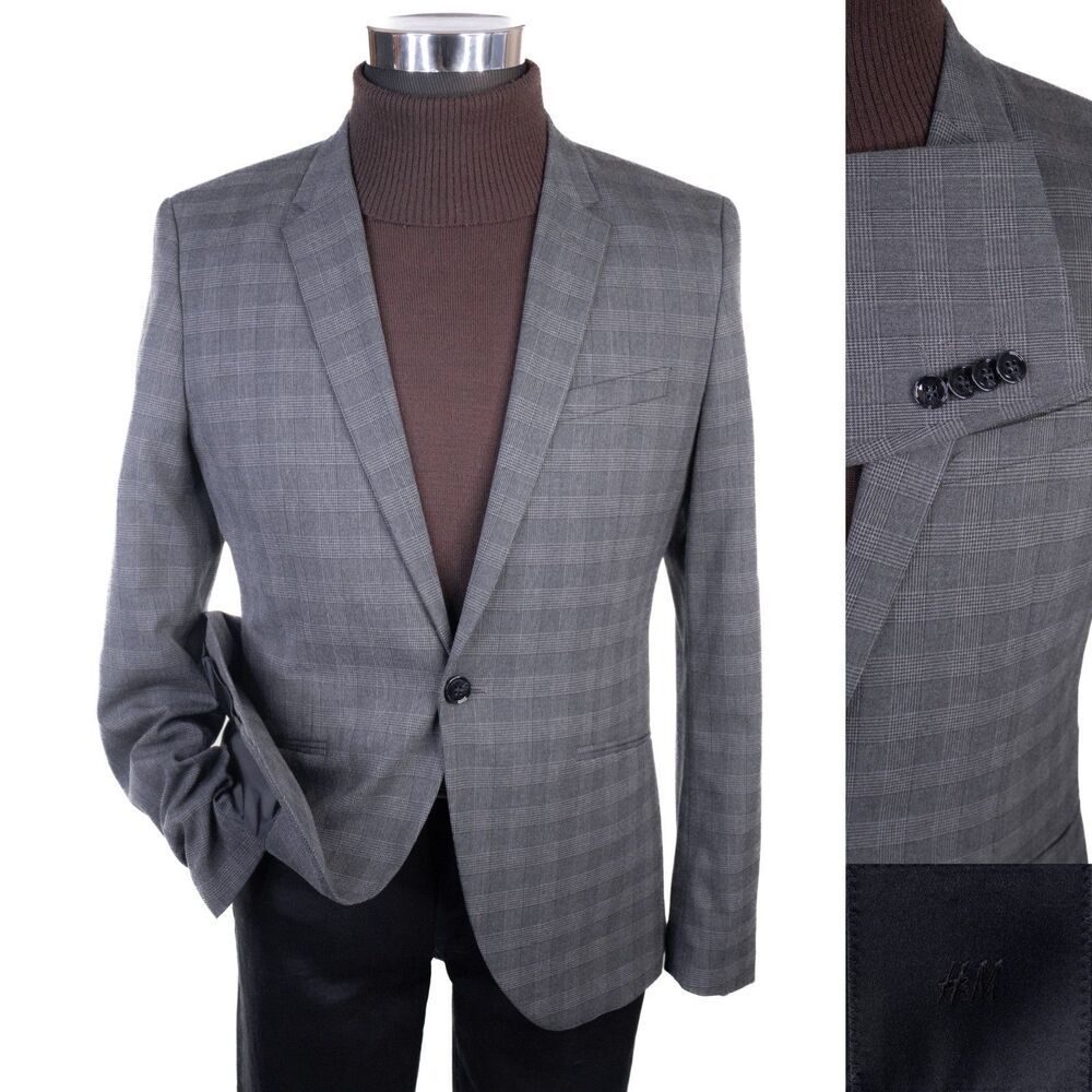 H&M Sport Coat Jacket Gray Plaid Sz 40R Casual Jacket Two Button Poly Blend EUC